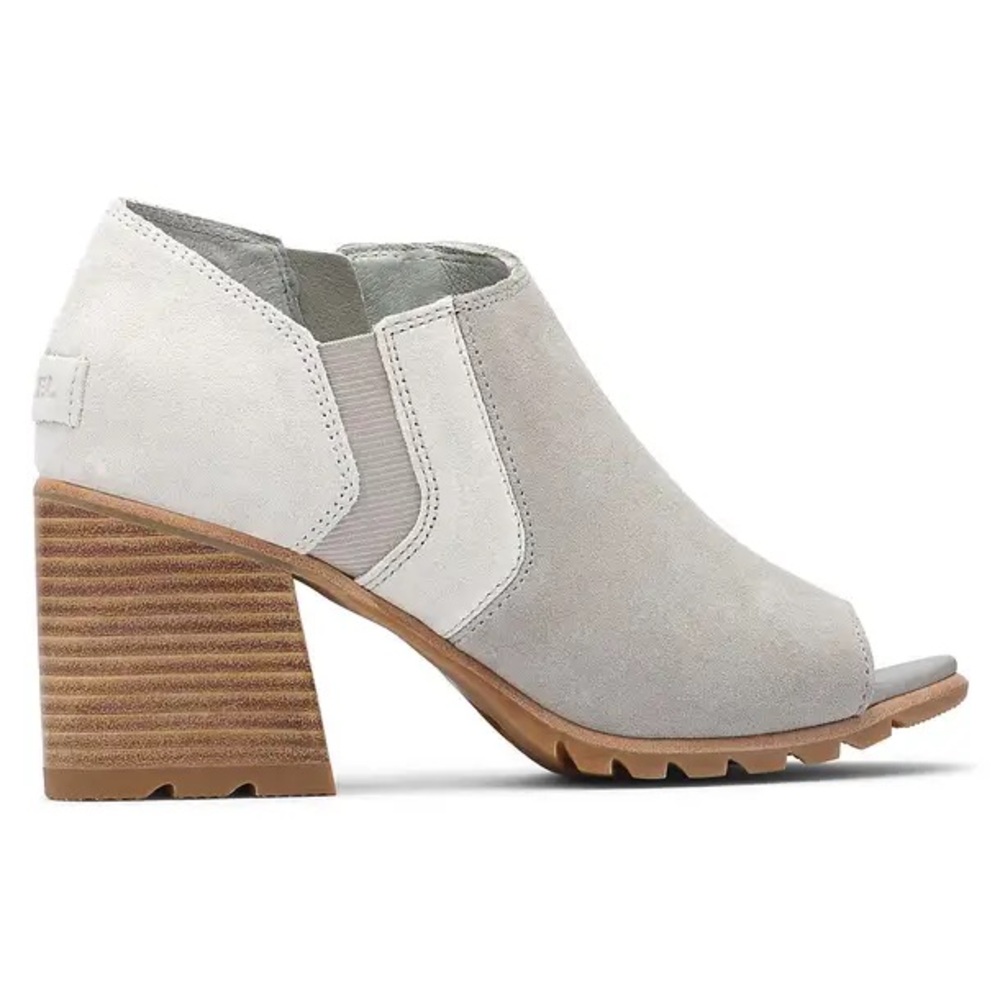Sorel Nadia Dove Grey Color Block Open Toe Heeled Suede Ankle Bootie Shoes EUC 6